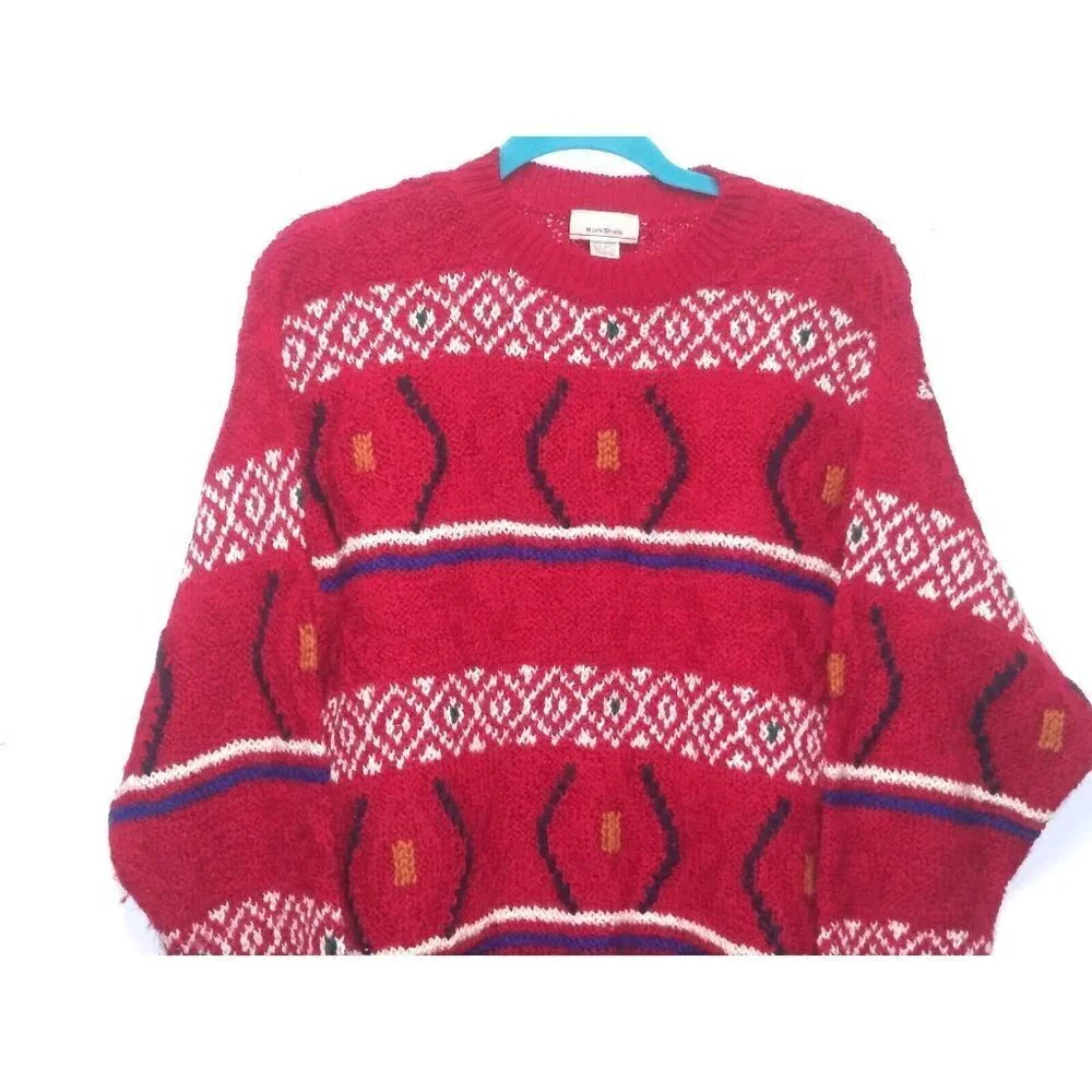 Mark Shale sweater Pure Wool Red pullover geometric print long sleeve bulky cozy
